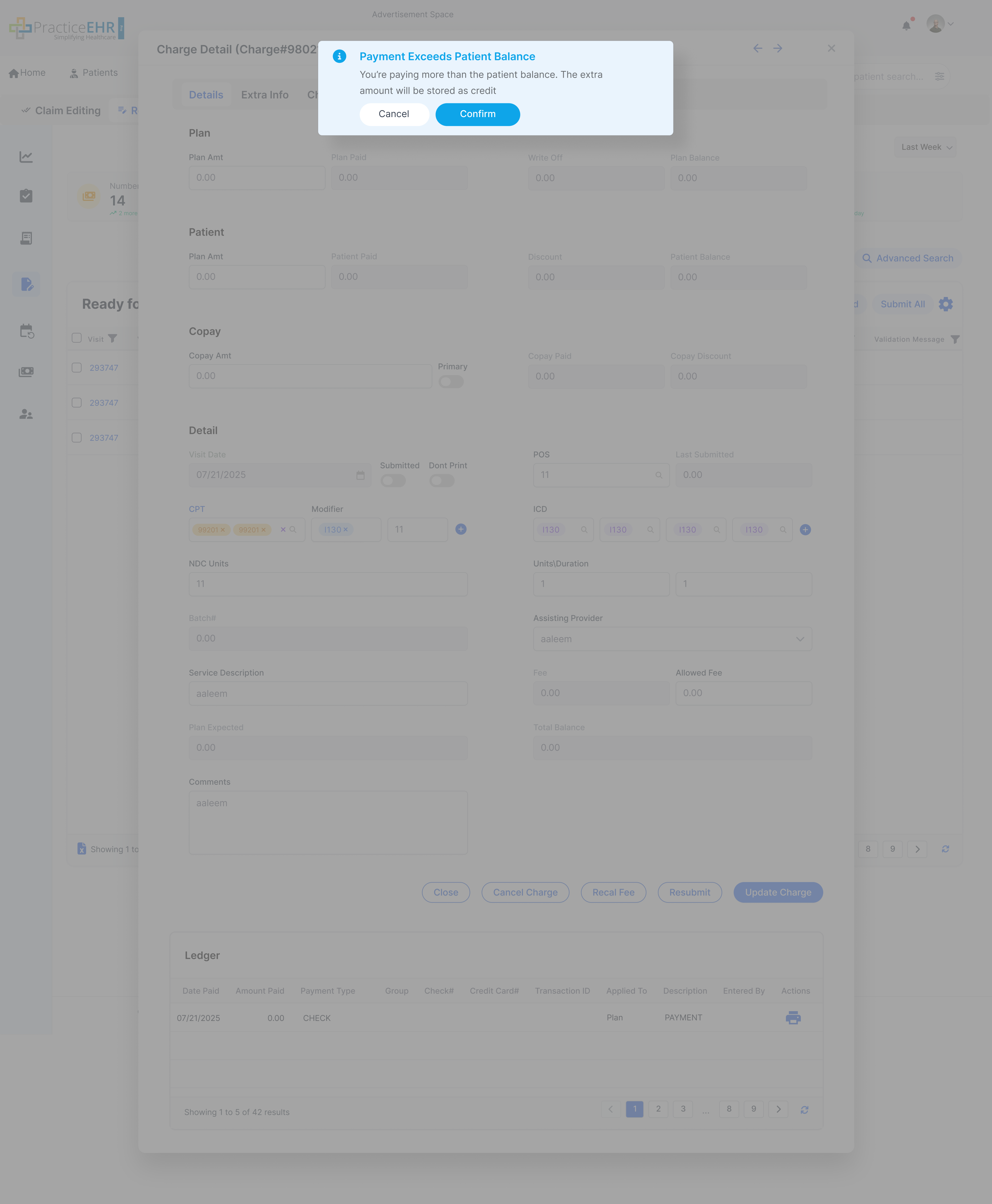 Payment Exceeds Patient Balance Popup